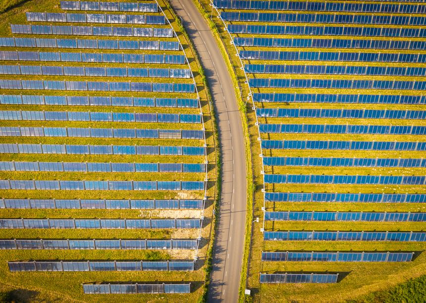 Top-Down Perspective of Large Solar Farm Highlighting Clean Energy Production