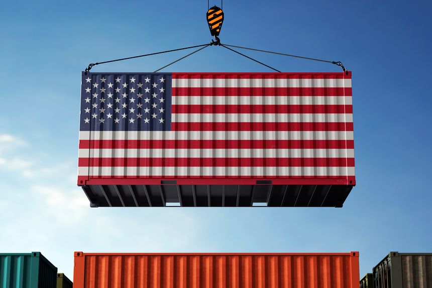 United States trade cargo container hanging against clouds background
