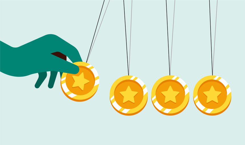 Coins newton cradle pendulum, after effect of economy finance illustration