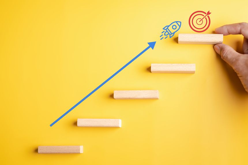 Ambition target to goal success achievement motivation, growth mindset, career progress, and strategic steps for personal or business development to reach objectives.