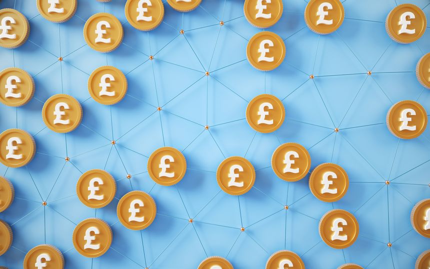 Pound Coins over Connected the dots on Blue Background. Abstract connections and dots on background. Finance and communication concept. 3d illustration.