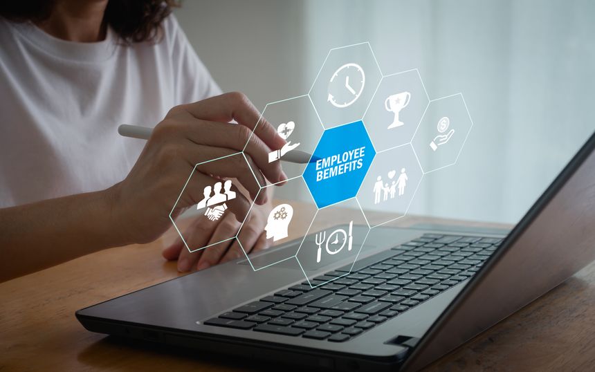 Human resources concept. Employee benefits compensation package with health insurance, paid vacation, pension plans, parental leave, perks and bonuses. Payroll reward management and social security.