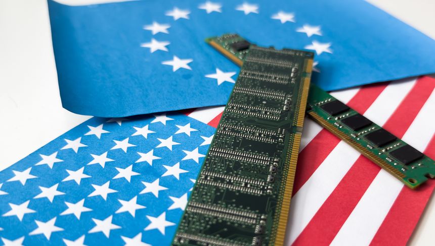Chip shortage and US-China trade conflict. Global chip shortage crisis and China-United States trade war concept. China flag and US flag on china map and hand holding computer chip on background. High quality photo