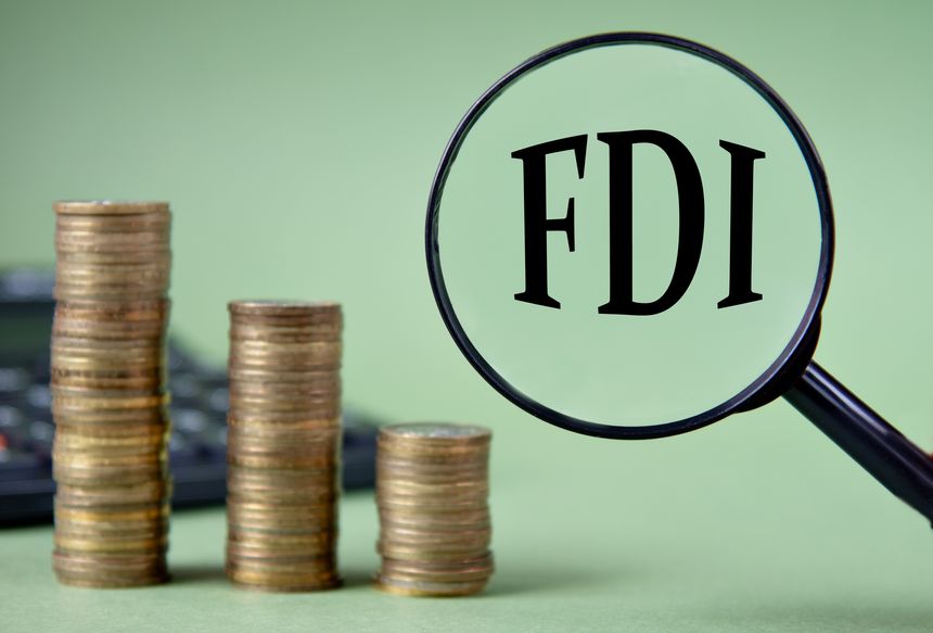 Magnifying glass with the letters FDI on the background of stacks of coins. Business concept