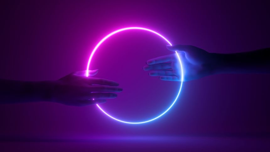 3d render, abstract minimal background, two mannequin hands hold neon ring, cooperation concept. Pink blue glowing round frame