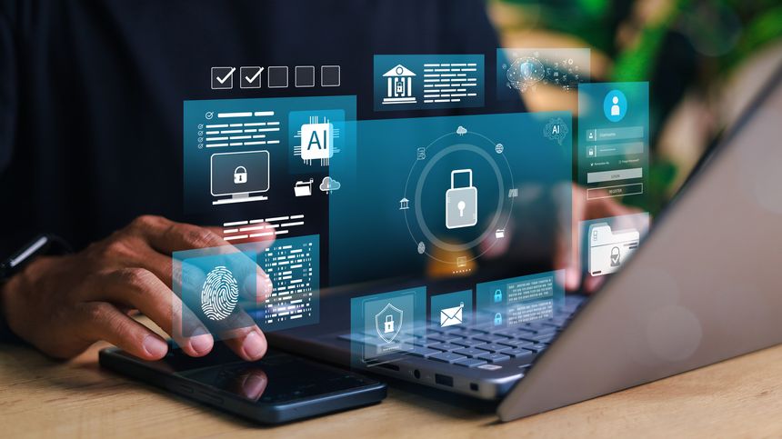 Cybersecurity and AI-driven login system with fingerprint authentication, data encryption, and secure access interface. Ideal for tech, finance, and identity protection themes.