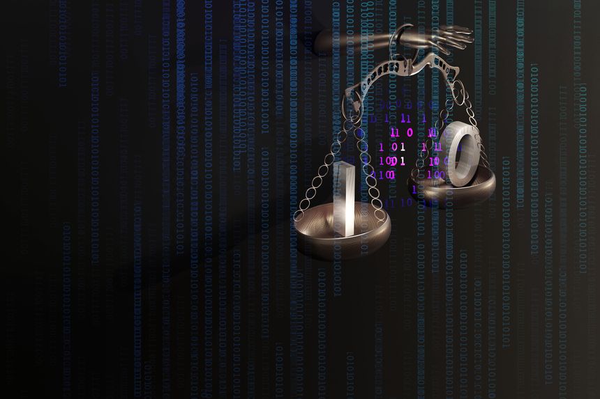Internet cyber law concept. Background with Justice scales and binary code numbers. Digital legal services and Artificial Intelligence idea. 3D render illustration.