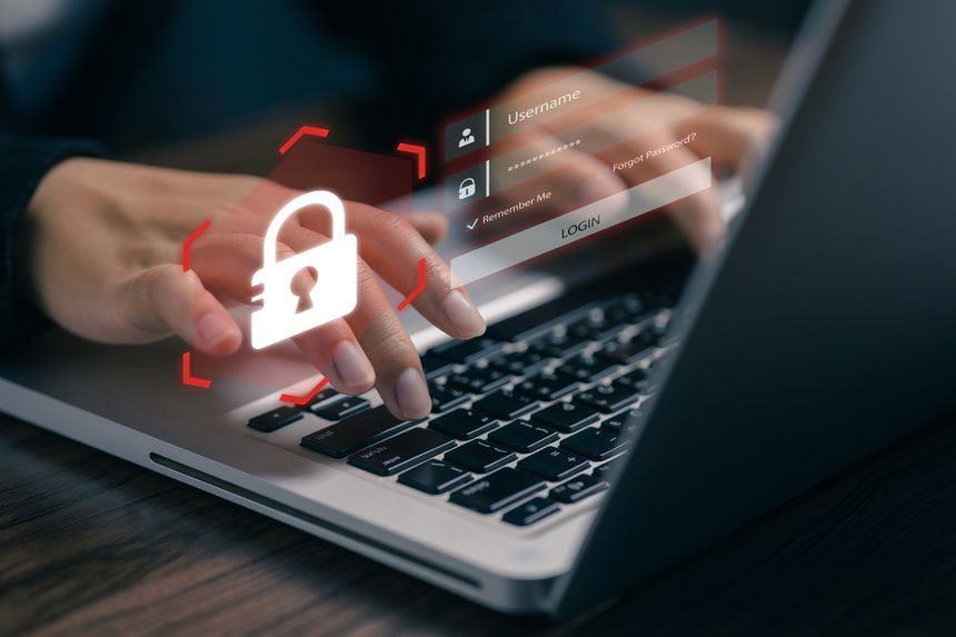 A woman typing on laptop with digital lock icon and login form, symbolizing secure login, data privacy, password protection, and cybersecurity in online authentication systems.