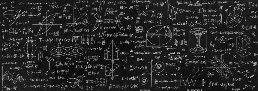 Wide board with scientific formulas and calculations in physics and mathematics. Scientific and educational background.