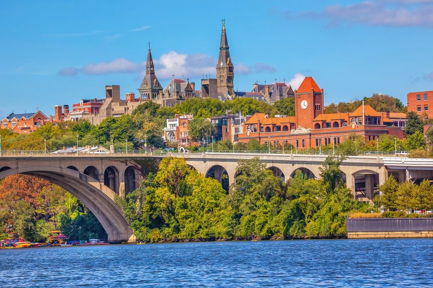 Key Bridge Potomac River Georgetown University Washington DC from Roosevelt Island. Completed in 1923 this is the oldest bridge in Washington DC.
