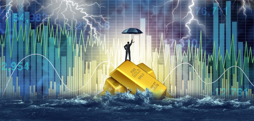 Gold Hedge Against Market Volatility as a safehaven investment in precious metals commodity as a safe asset during difficult stock market economic volatile markets.