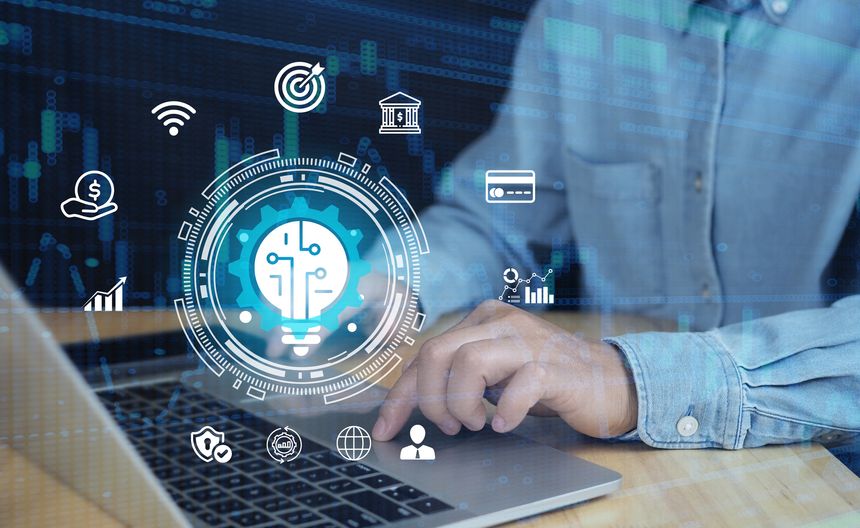 Finance technology, businessman holding the Financial icon, business and digital payment network, blockchain-based transactions, AI for financial analytics, cloud infrastructure for secure banking.