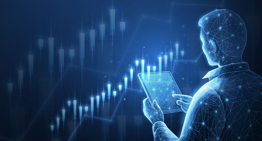 Broker trader analyzing currency exchange and stock market charts. Trading online, financial growth, business strategy, digital asset, investment fund, market insights, stock trends, AI concept.