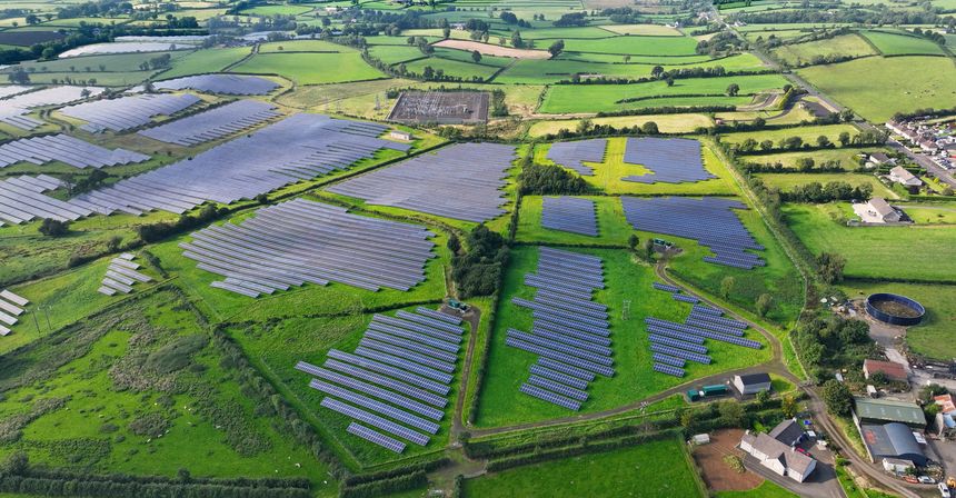 Aerial video of Bann Road Solar Farm Rasharkin Village Co Antrim Northern Ireland