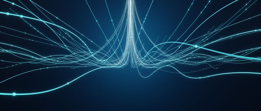 Light trails converging into central point, creating abstract data stream visualization on dark blue background. 3d rendering