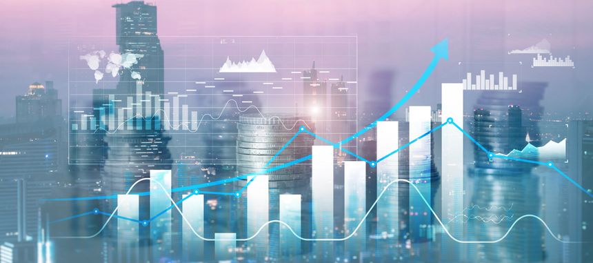 Graph showing financial growth, against a blurred city skyline background. Business city background. Mixed media.
