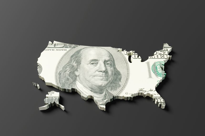 US 100 dollar bill forming the boundaries of the United States on a black background. Illustration of the concept of US affairs, issues, financial and economic news