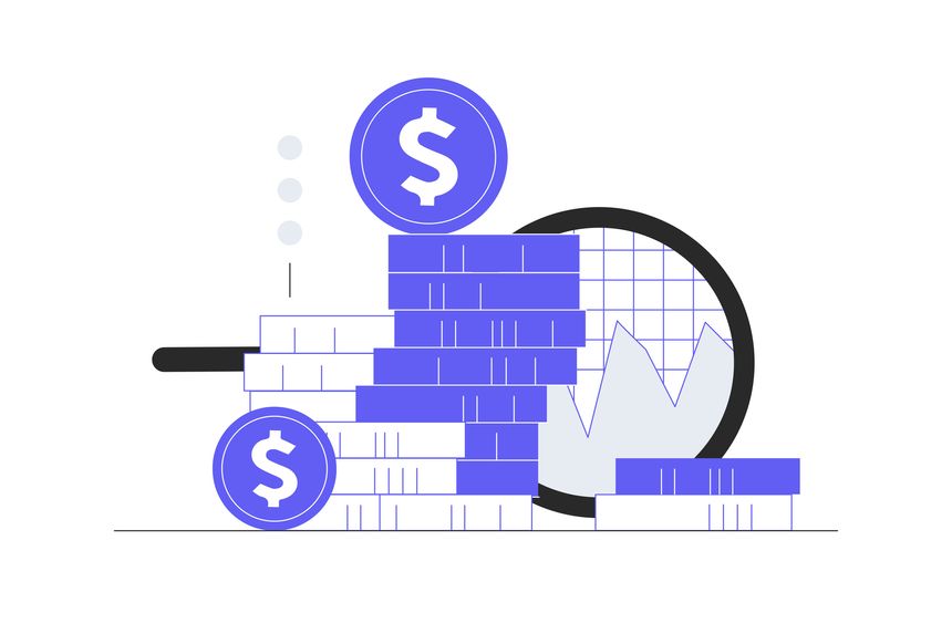 Personal finances. Save Investment. Strategy and return on investment. Coins magnifying glass. Flat Cartoon Vector Illustration, icon. Stylish abstract design landing page