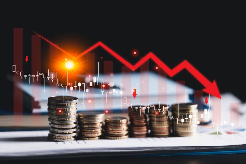 Global economic crisis, marked by rising inflation, financial downturn, stock market crash, falling graphs, charts, inflation concept and economic recession by higher interest rates in world economy.