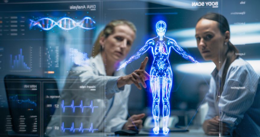 Physician and Patient Analyze a Holographic Body Model. Technology Discussions on Optimizied Health Care, Diagnostic Accuracy. Personalized Treatment Approaches In A Futuristic Healthcare Environment