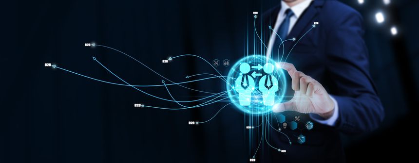 B2B: Businessman Touching Digital Global Network of Business-to-Business Data Exchange. Intercompany Collaboration on Social Network Connection with Hologram Modern Interface, Streamlining Operations.