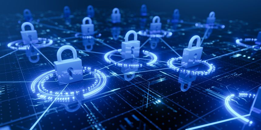 Digital security concept. Glowing blue padlocks, futuristic circuit board background. Represents data protection, network security, privacy, encryption, cyber defense. Ideal for technology, business.