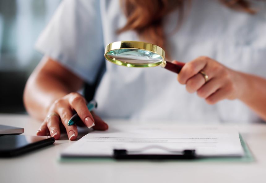 Fraud Investigation: Nurse Examining Medical Bill With Magnifying Glass