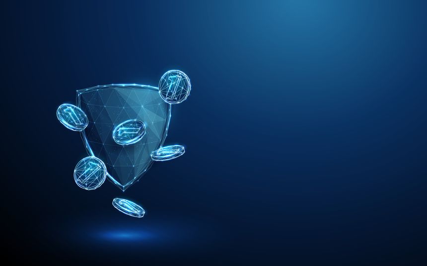 Blue 3d shield with falling coins. Financial protection, investment security, risk management, wealth preservation, economic stability concept. Low poly digital futuristic style, wireframe. Vector.