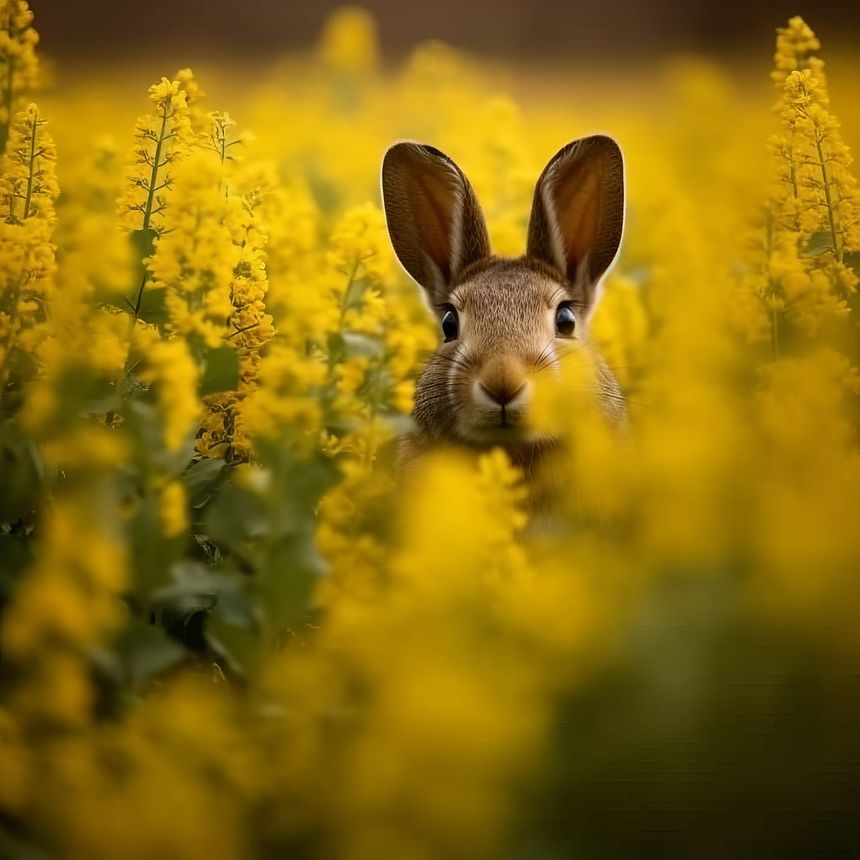 Cute rabbit peeing out of rapeseed’s