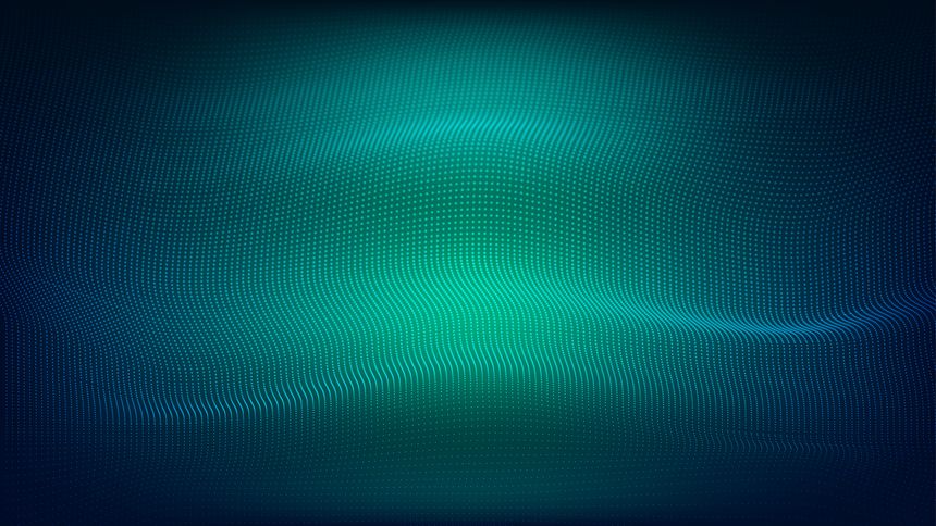 Vector abstract techno background with light particles in green and blue colors. Neon futuristic background with wave dots. Digital data backdrop for banner and web sites