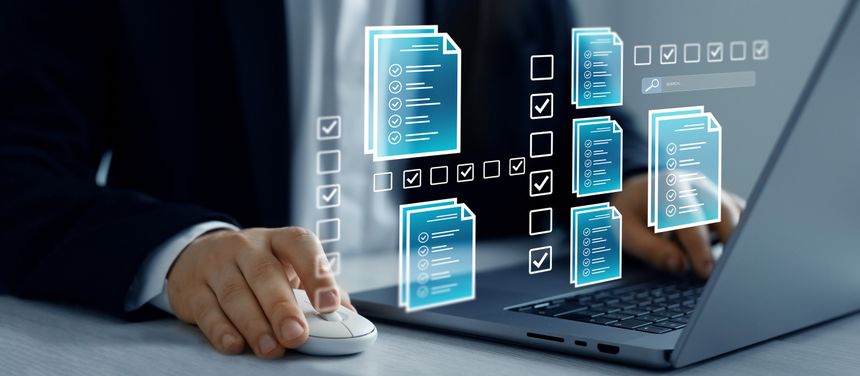 Businessman check virtual electronic documents  and checklist approve. Business productivity checklist and filling survey form.Fast checklist and clipboard task management