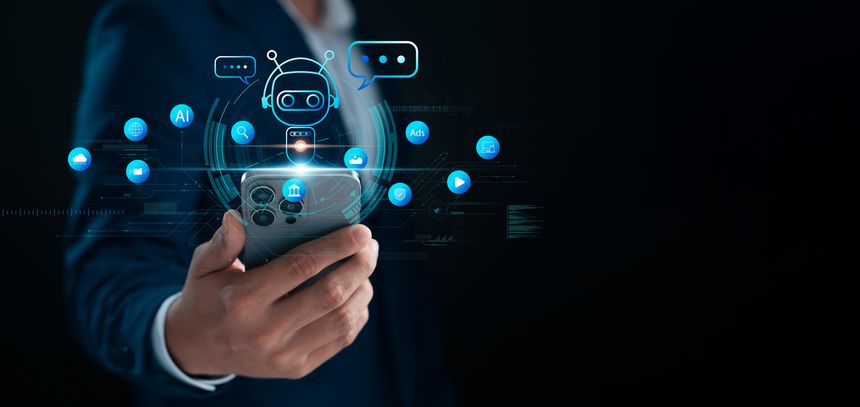 AI chatbot concept showing businessman holding smartphone with artificial intelligence virtual assistant, digital communication, technology innovation, and futuristic app interface.