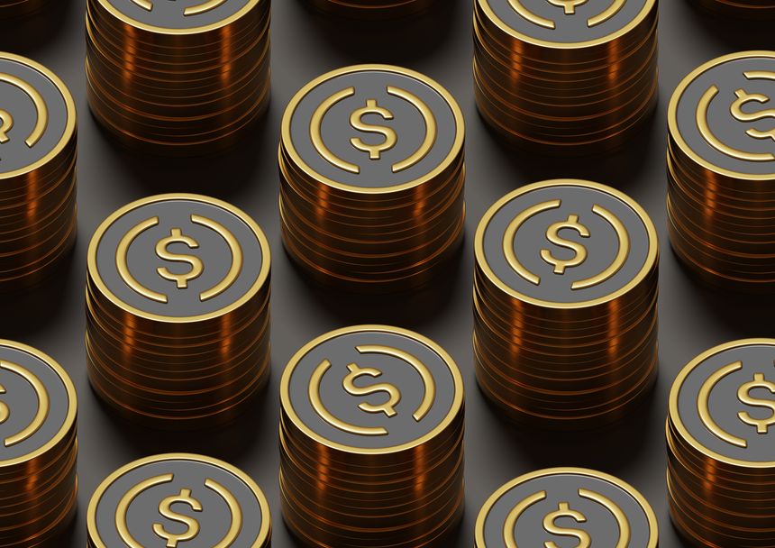 Golden USDC coins isometric seamless patttern. 3d illustration.