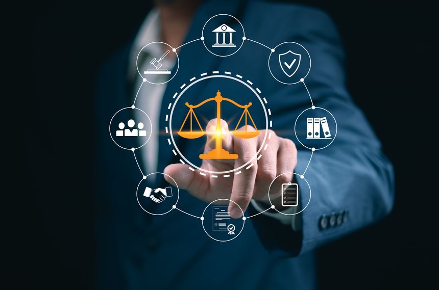 Legal Professional with Justice Icons. A suited legal professional touches virtual icons symbolizing law, justice, and legal services. business legislation, Notary public, legal advice online, Lawyer