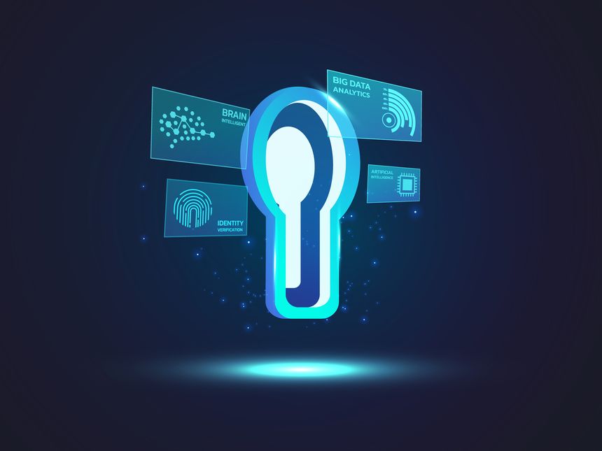 Futuristic digital access key floating over high-tech holographic data visualization dashboard, cyber security interface with glowing vector illustration design concept Representing innovative.