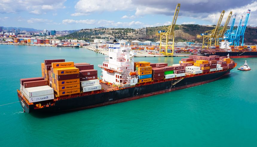 Barcelona, Spain - September 26, 2025: Cargo containers Hapag-Lloyd stored on the cargo ships. Hapag-Lloyd is a global leader in container shipping