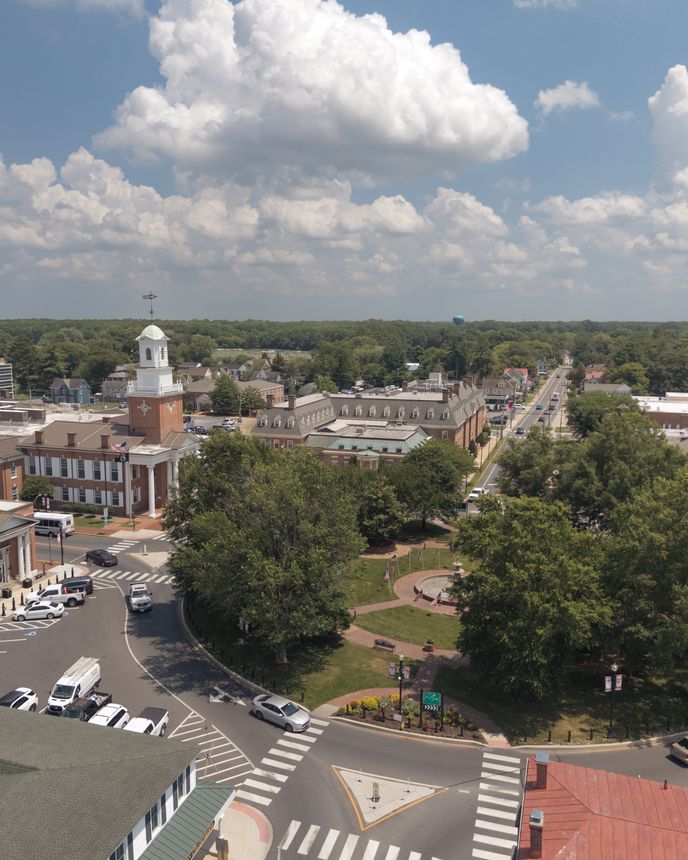 A drone view of the famous Circle in Georgetown, Delaware, with the county court house sitting just behind it on the left