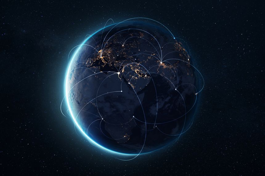Digital connections around the world  planet Earth at night with glowing network lines representing global communication, data transfer, and worldwide internet connectivity in space. 
https://eoimages.gsfc.nasa.gov/images/imagerecords/79000/79793/city_lights_africa_8k.jpg