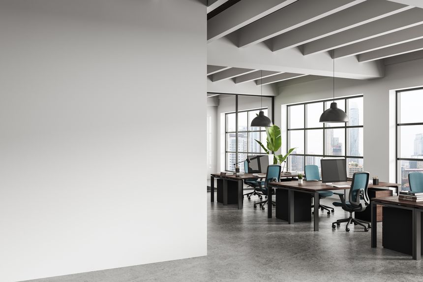 Contemporary office interior with clean empty wall for poster mockup, realistic style, modern workspace background, concept of creative presentation layout. 3D Rendering