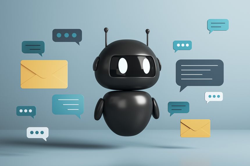 Black chatbot robot floating with various message bubbles and envelopes around it, futuristic style on light blue background, concept of smart digital assistant. 3D Rendering