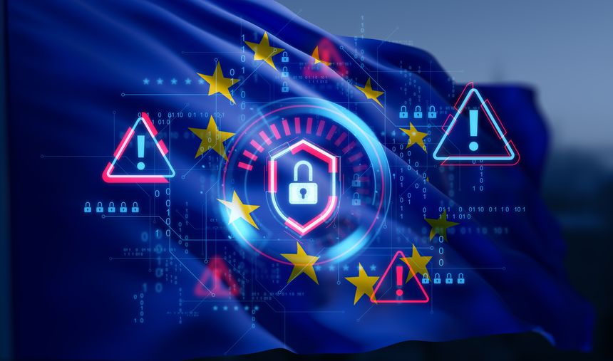 European Union flag with hologram lock icon and warning signs over a digital background, representing cybersecurity concept and data protection. 3D Rendering