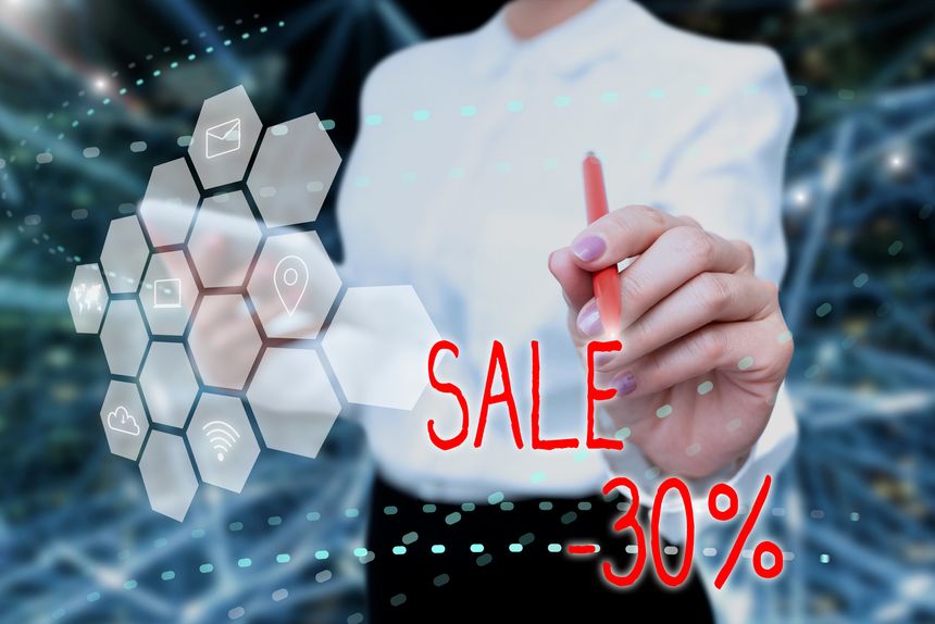 Sign displaying Sale 30 Percent, Business overview A promo price of an item at 30 percent markdown Lady In Uniform Holding Tablet In Hand Virtually Typing Futuristic Tech.