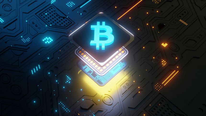 Bitcoin Symbol on Technology Motherboard Background, 3D Rendering of conceptual image