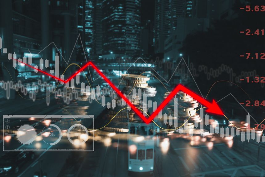 Concept of economic collapse by falling graph, chart, highlighting global recession fueled by inflation, stock market crash, financial crisis, falling income, GDP decline, capital reduction.
