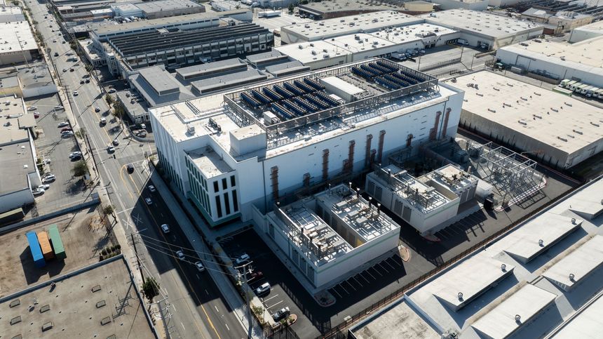 Afternoon sun shines on a data center facility in Vernon, California, USA.