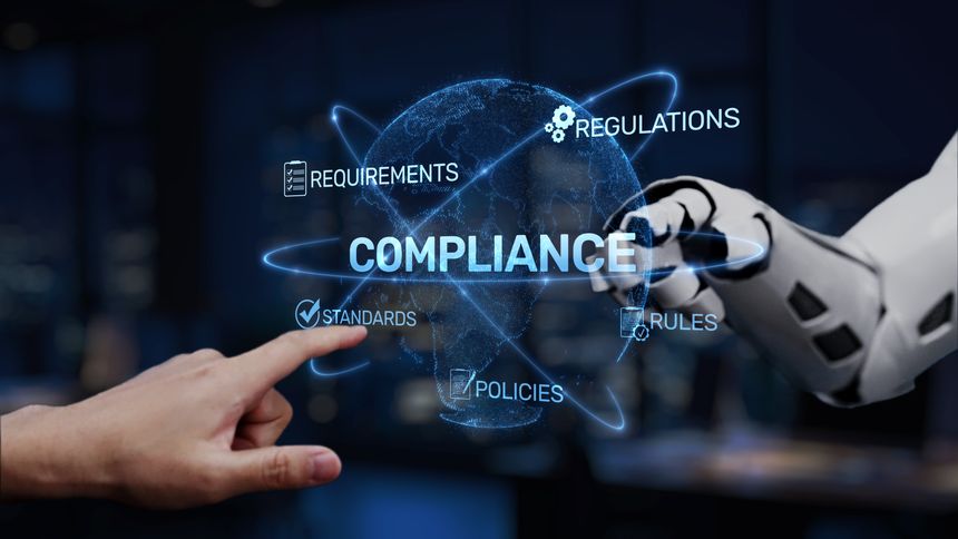 A human hand interacts with a robotic arm, illustrating the vital connection between technology and compliance in modern business practices within an office environment. Synapse