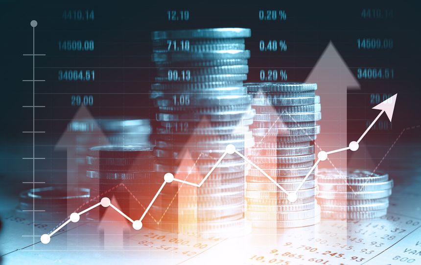 Finance and money technology background concept of business prosperity and asset management . Creative graphic show economy and financial growth by investment in valuable asset to gain wealth profit .