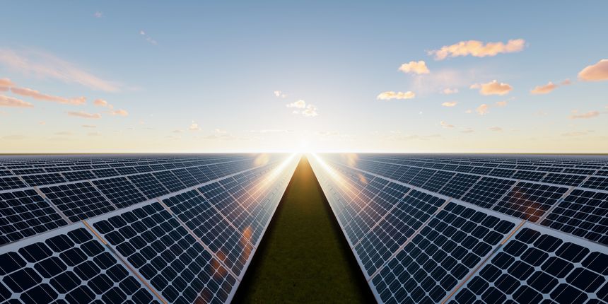 3d rendering of solar farm, field or solar power plant consist of photovoltaic cell in panel, landscape. Industry and technology for electric, electricity generation. Clean green power energy.