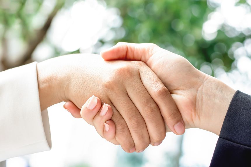 Close up of business woman leader hands making handshake outdoors greeting each other