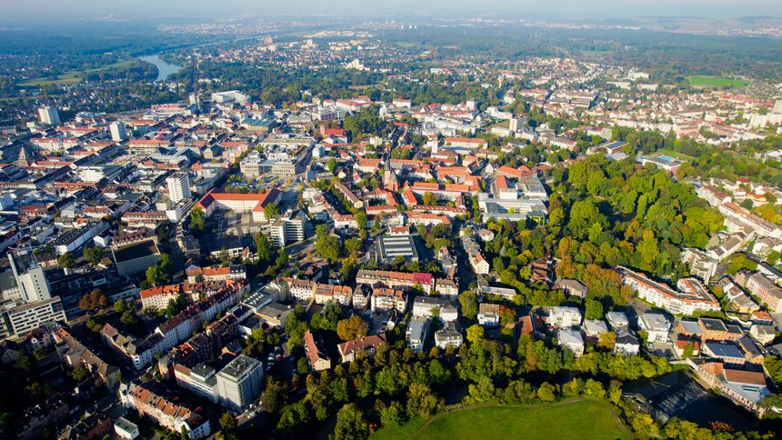 Aerial view of the old town Hanau in Germany on a sunny morning in summer